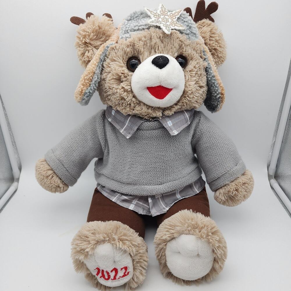 Walmart 2022 Christmas Snowflake Teddy Bear 20" Beige Fur Antlers Hat Holiday